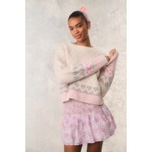 LoveShackFancy Rosie Alpaca Wool Fair Isle Puff Sleeve Sweater Cream Pink XS